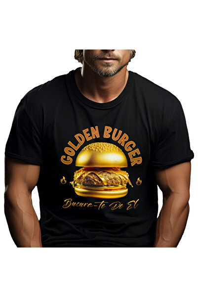 StoryGift Romania Tricou Barbati cu Burger Savuros De Aur Fast Food Mancare P...