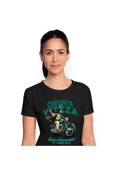 StoryGift Romania Tricou Femei cu Barbat Stil Dumnezeu Cu Par Lunga Si Haina Alba Pasionat De Moto,Black_XS