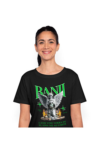 StoryGift Romania Tricou Femei cu Inger Statuie De Piatra Gloante De Foc Bancnote Bani, Avere Fina,Black_XS