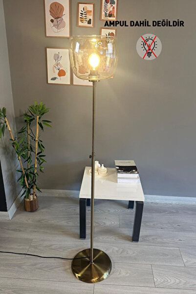 Bamyum Bal Rengi Cam Lambader Düz İnce Gövde Modern Dekoratif Metal Oturma Odası Zemin Lambası