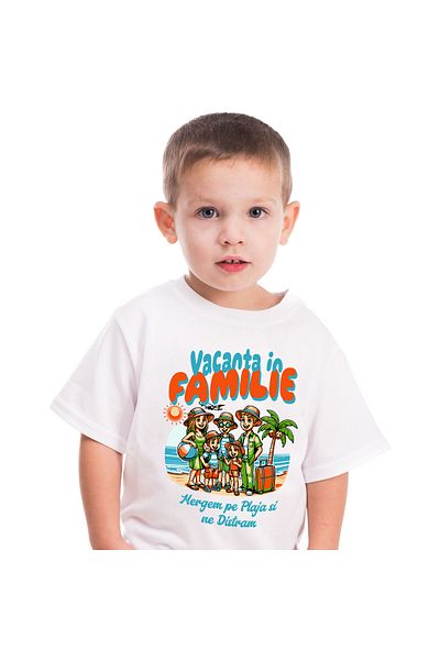 StoryGift Romania Tricou Copii cu Portret Familie In Vacanta Plaja Tropicala, Soare, relaxare cu i,White_6ANI