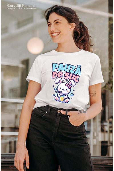 StoryGift Romania Women's T-shirt with Pink Rabbit with Bow and Glass of Natural Orange Juice, Bautu, White_XL