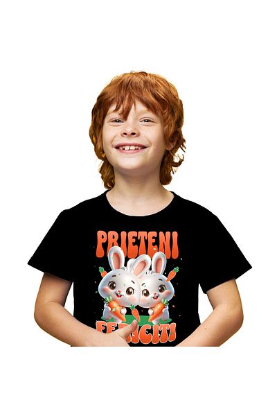 StoryGift Romania Tricou Copii cu Iepuri Albi Cu Morcovi Prieteni Fericiti, Animal Blanos, Paste c,Black_4ANI
