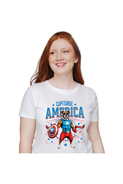 StoryGift Romania Women's T-Shirt with Boxer Dog in Captain America Costume with Cape, Hero Noctu, White_XL