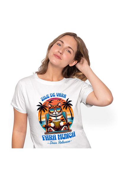 StoryGift Romania Women's T-Shirt with Orange Cat Wearing Sunglasses on a Sunbed with Walnut,White_L