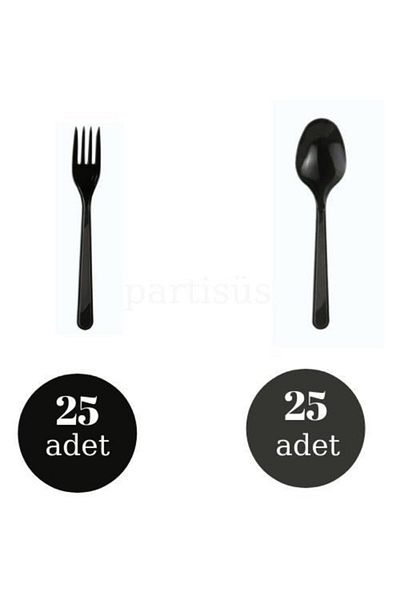 BAKOM AMBALAJ Black Luxury Plastic Fork Spoon Set 25 Pieces |   3.8Gr Durable Picnic Party Set