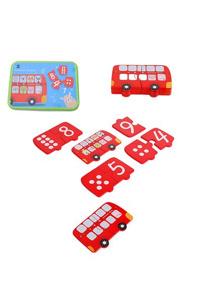zola Set of 10 wooden puzzles, learning numbers, bus model, metal storage box