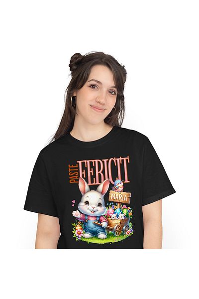 StoryGift Romania Tricou Femei cu Iepure Alb Cu Salopeta De Denim Carucior Cu Oua Colorate Pascal ,Black_XL