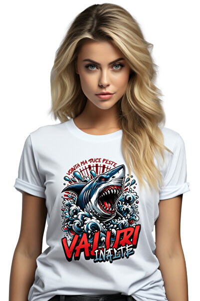 StoryGift Romania Tricou Femei valuri inalte rechin vointa ma duce peste motivational cu imprimeu WHT_M