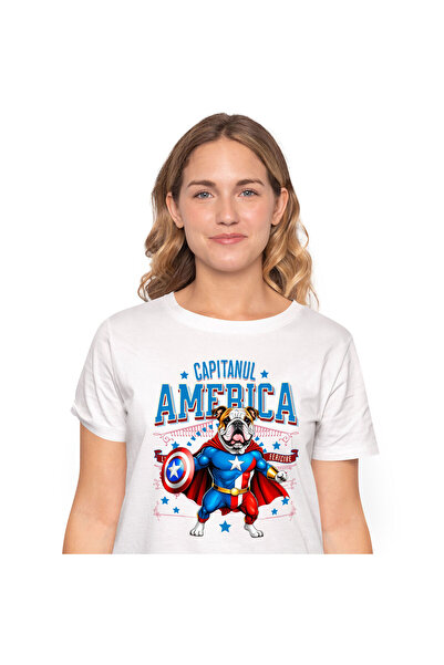 StoryGift Romania Women's T-Shirt with Bulldog Dog in Captain America Costume with Cape, Hero of the Night, White_XL