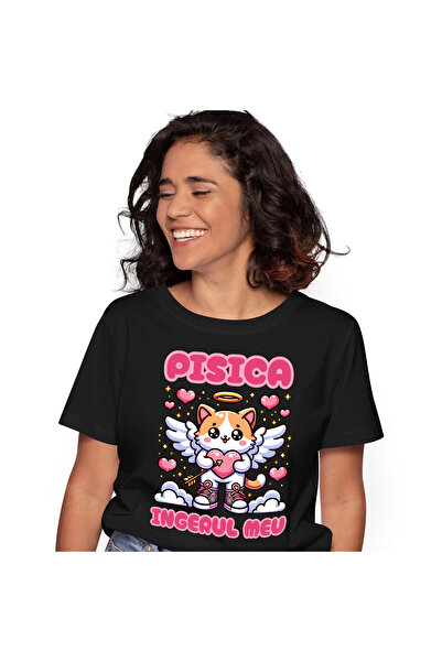 StoryGift Romania Tricou Femei cu Pisica Cu Aripi Si Inima Cu Sageata Aura De Inger, Incaltaminte ,Black_L