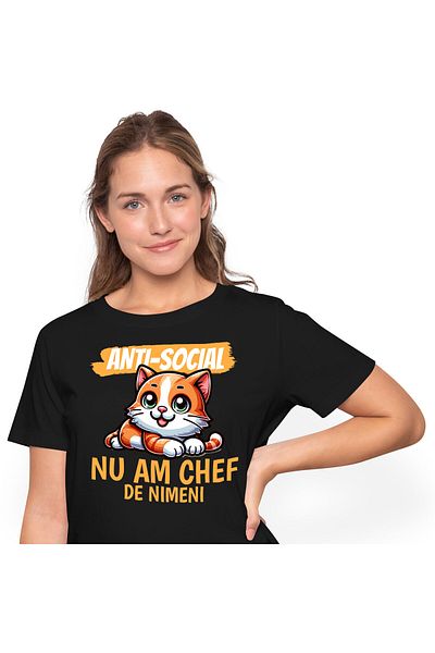 StoryGift Romania Women's T-Shirt with Cheerful Orange Cat Green Eyes Fluffy Animals, Cats with, Black_XL