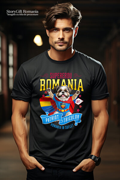 StoryGift Romania Men's T-Shirt with Shih Tzu Dog in Captain Romania Costume with Cape, Hero, Black_M