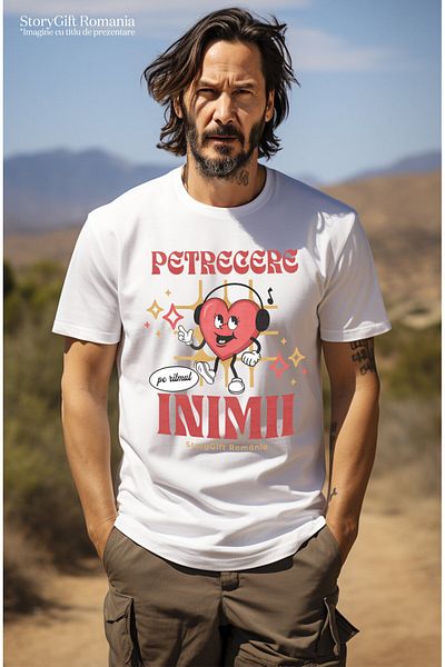StoryGift Romania Tricou Barbati cu Inima Rosie Vesela Cu Casti Audio Dragoste Inima Petrecere Ini,White_M