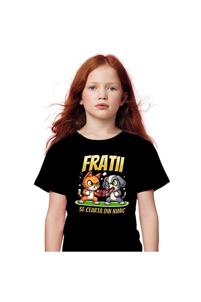 StoryGift Romania Tricou Copii cu Razboi Pisica Si Caine, Fratii, Lupta, Cearta, Animale Blanoase ,Black_10ANI