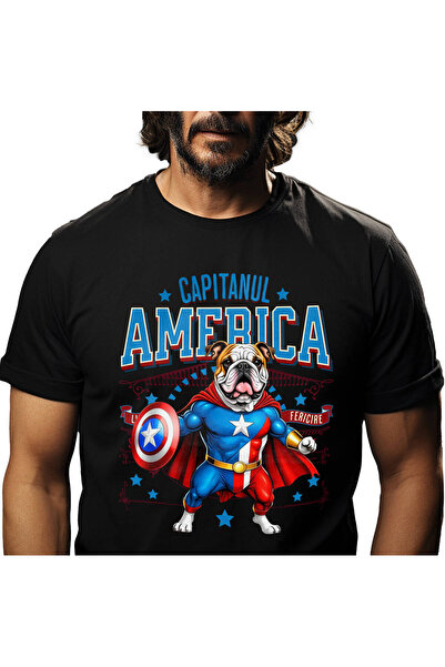 StoryGift Romania Men's T-Shirt with Bulldog Dog in Captain America Costume with Cape, Hero N,Black_S