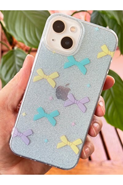 Fibaks Apple Iphone 13 - 14 - 15 Uyumlu Kılıf Mavi Simli Renkli Fiyonk Desenli Parlak Darbe Emici Kapak