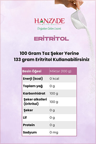 Hanzade Bitkisel Eritritol Doğal Toz Tatlandırıcı 250 Gr Sıfır Kalori Keto Diyet Erythritol