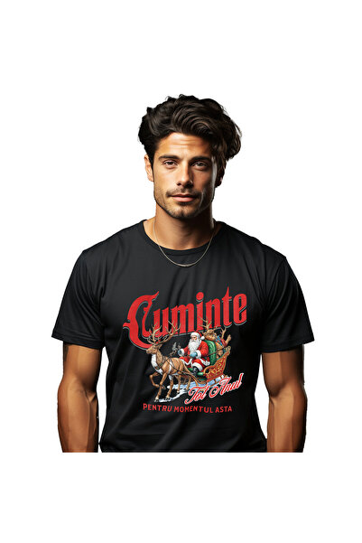 StoryGift Romania Tricou Barbati cu Sania lui Mos Craciun Trasa De Ren, Cadouri, calatorie Lunga, ,Black_XL