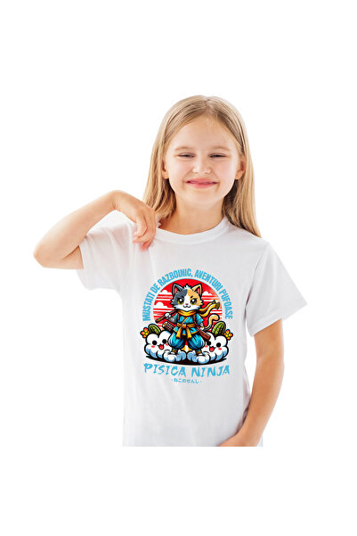 StoryGift Romania Tricou Copii cu Pisica Colorata Ninja Pe Nori Razboinic Uni...