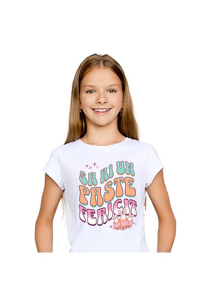 StoryGift Romania Tricou Copii cu Oua Colorate Cu Iepuri Albi, design Multicolor, Paste, Sarbatori,White_6ANI