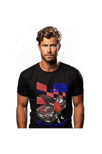 StoryGift Romania Men's T-shirt with Anime Style Girl With Red Hoodie Next to a Powerful Engine Car,Black_L
