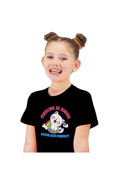 StoryGift Romania Tricou Copii cu Pisica Vesela Razand Curcubeu Colorat Iubitorii De Animale Pufoa,Black_4ANI