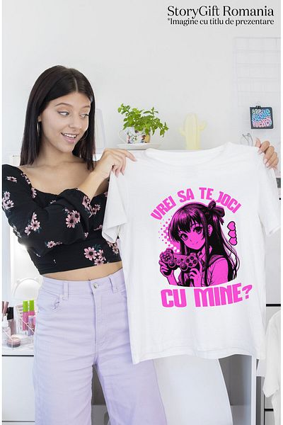 StoryGift Romania Women's T-shirt with Anime Style Girl Cartoons with Video Game Controller Print,White_XL