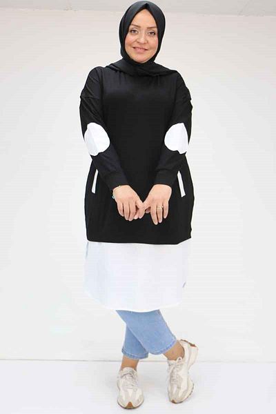 Eslina 58060 Large Size Solid Color Garnished Combed Cotton Tunic - Black-White