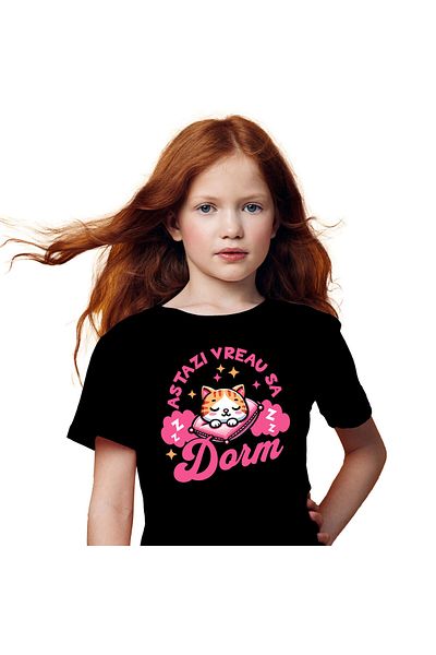 StoryGift Romania Kids T-Shirt with Orange Cat Sleeping on Pink Pillow, Sleep, Fluffy Animal with i,Black_12ANI