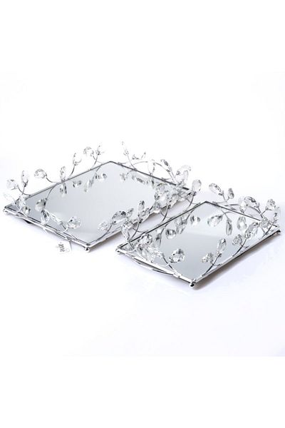 Hinora Drop Crystal Stone Mirrored Double Rectangular Stylish Tray Set 42*28-35cm