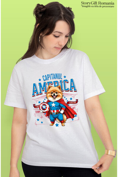 StoryGift Romania Women's T-Shirt with Pomeranian Dog in Captain America Costume with Cape, Hero, White_XS