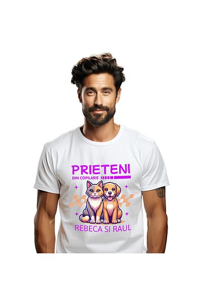StoryGift Romania Tricou Barbati cu Pisica Si Caine Portret Cuplu Animale Prieteni Iubire, cu impr,White_XS