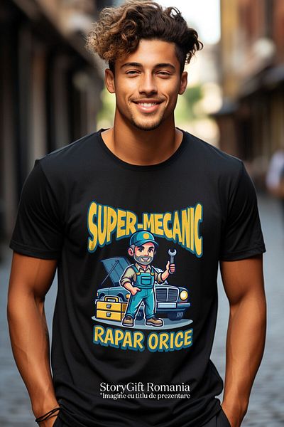 StoryGift Romania Tricou Barbati cu Barbat Cu Sapca Si Salopeta Albastra Masina In Lucru Mecanic c,Black_XL
