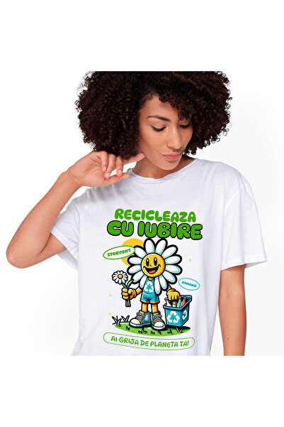 StoryGift Romania Tricou Femei cu Floare Margareta Reciclare sticle Goale Natura Poluare Verde cu ,White_XL