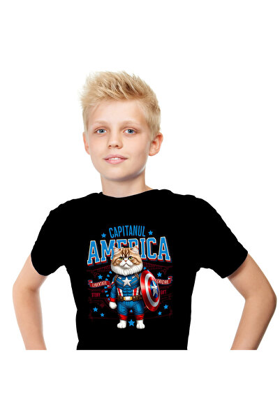 StoryGift Romania Children's T-shirt with Persian Cat in Captain America Costume with Cape, Black_8ANI