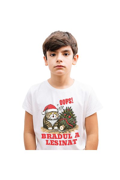 StoryGift Romania Tricou Copii cu Pisica Grasa Cu Caciula Mos craciun, Bradul Cazut, Daramat, Anim,White_10ANI