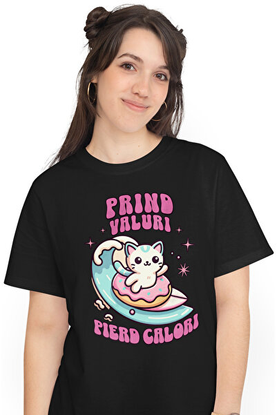 StoryGift Romania Tricou Femei pisica pe val gogoasa glazurata haios prind va...