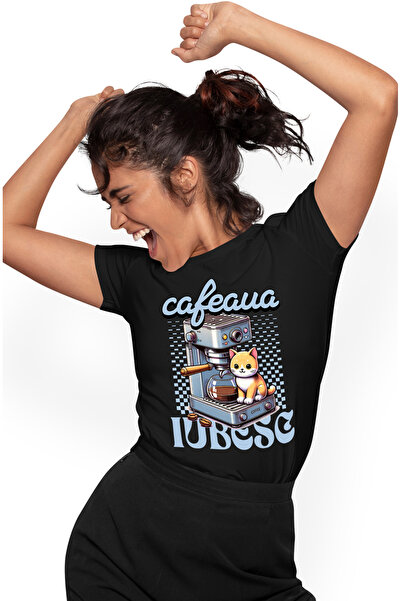 StoryGift Romania Tricou Femei Pisica pe aparat de cafea iubesc cafeaua cu im...