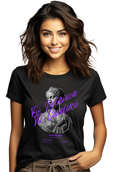 StoryGift Romania Tricou Femei Statuie Bust Femei Text Motivational Fii Puternica Tu Conduci Lumea BLK_XS