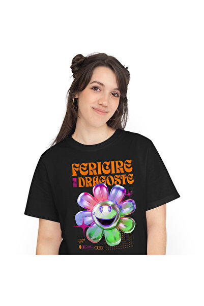 StoryGift Romania Tricou Femei cu Floare Colorata Vesela Stil Cristalin, Design Abstract, Jocuri V,Black_XL