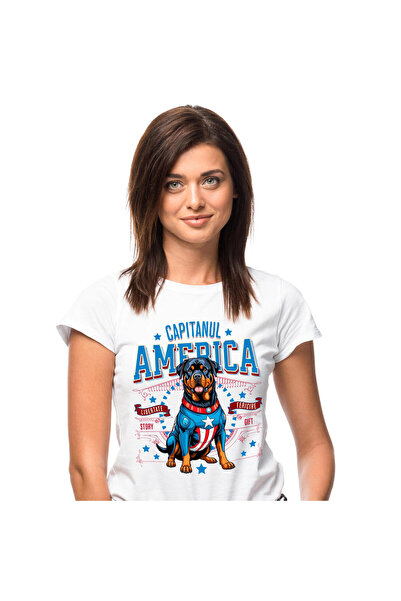 StoryGift Romania Tricou Femei cu Rottweiler Caine In Costum de Capitan Ameri...