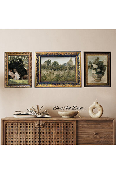Sanart Vintage Çerçeveli Tablo, 3 Parça Çerçeveli Tablo, Çerçeveli Yağlı Boya Tablo Seti, Retro Tablolar