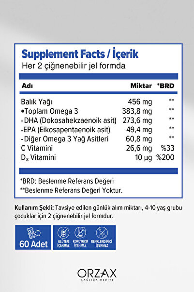 Orzax Ocean Gummies Omega 3 Kids - 60 Adet Çiğnenebilir Jel Form