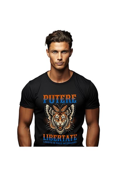 StoryGift Romania Men's T-Shirt with Angry Tiger with Fangs Butterfly Wings Power Freedom Motivated,Black_XS