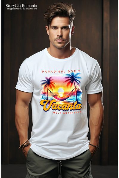 StoryGift Romania Tricou Barbati cu Priveliste Plaja Insula Tropicala Hamac Apus De Soare, Relaxar,White_S