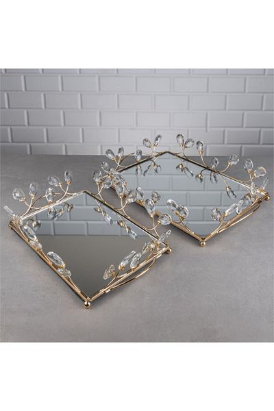 Hinora Drop Crystal Stone Mirrored Double Rectangular Stylish Tray Set 42*28-35cm
