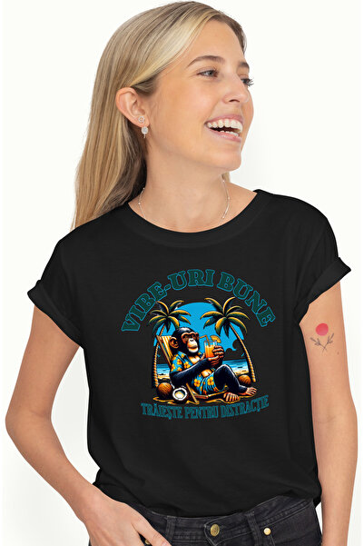 StoryGift Romania Tricou Femei Vibe-uri bune. Traieste pentru distractie maimuta pe plaja cu impri BLK_L