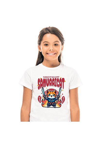 StoryGift Romania Kids T-Shirt with Orange Cat with Samurai Costume Ninja Swords, Cartoons,,White_12 YEARS