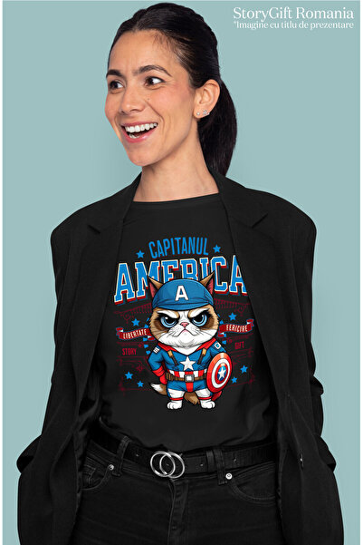 StoryGift Romania Women's T-shirt with Grumpy Cat / Grumpy Cat in Captain America Costume,Black_XL